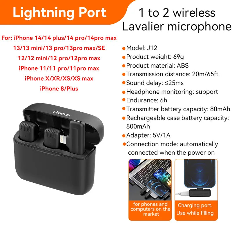 Ulanzi J12 Microfone Lavalier Sem Fio – Mini Mic Plug & Play para iPhone e Android | Gravação de Áudio e Vídeo, Lives e Vlogs