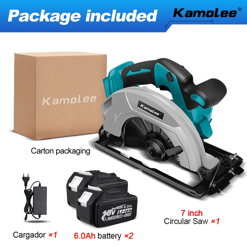 Kamolee Serra Circular Elétrica 7" – Potente, Portátil e Segura para DIY e Marcenaria | Compatível com Baterias 18V/21V