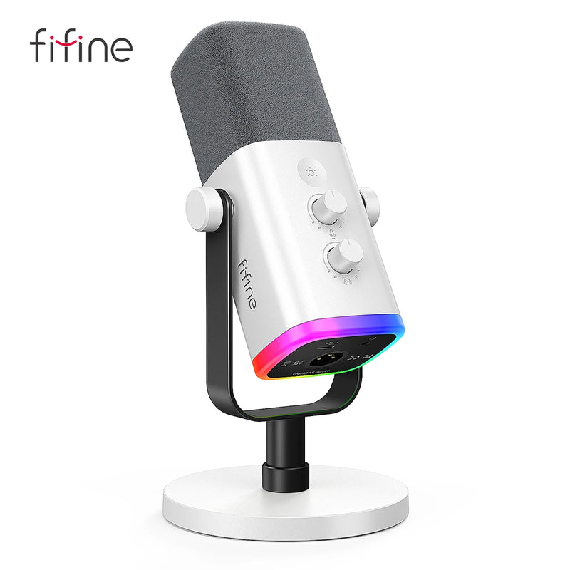 FIFINE AM8 Microfone Dinâmico USB/XLR com RGB Personalizável, Saída para Fone, Botão Mute – Ideal para Gaming, Streaming e Gravação de PC