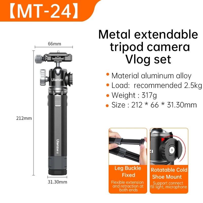 Tripé Profissional Ulanzi MT-24 para Vlog | Compacto, 100% Alumínio, Suporta até 2,5 kg, Cabeça Ballhead com Cold Shoe e Arca-Swiss