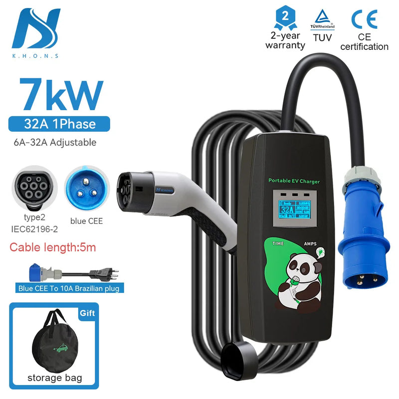 Carregador Portátil EV 7kW K.H.O.N.S | Carga Ultra Rápida, Segura e Compatível com +30 Marcas