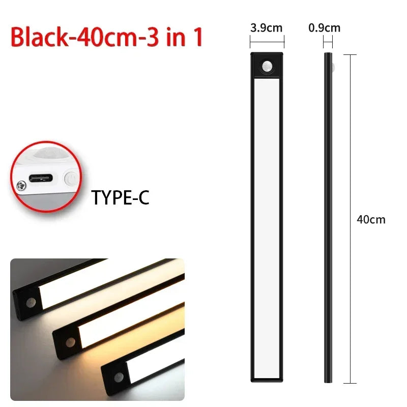 Luminária LED com Sensor de Movimento – USB Recarregável, Sem Fios, 3 Cores de Luz | Ideal para Armários, Cozinha, Quarto e Corredor