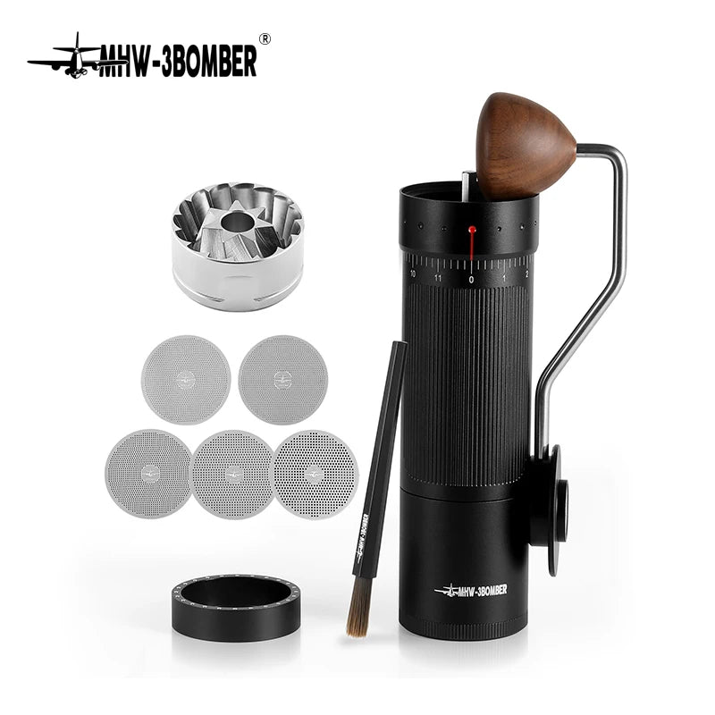 Moedor de Café Manual Profissional MHW-3BOMBER – Precisão 0.016mm/Click, Ajustável para Espresso e Café Filtrado, Aço Inox Durável