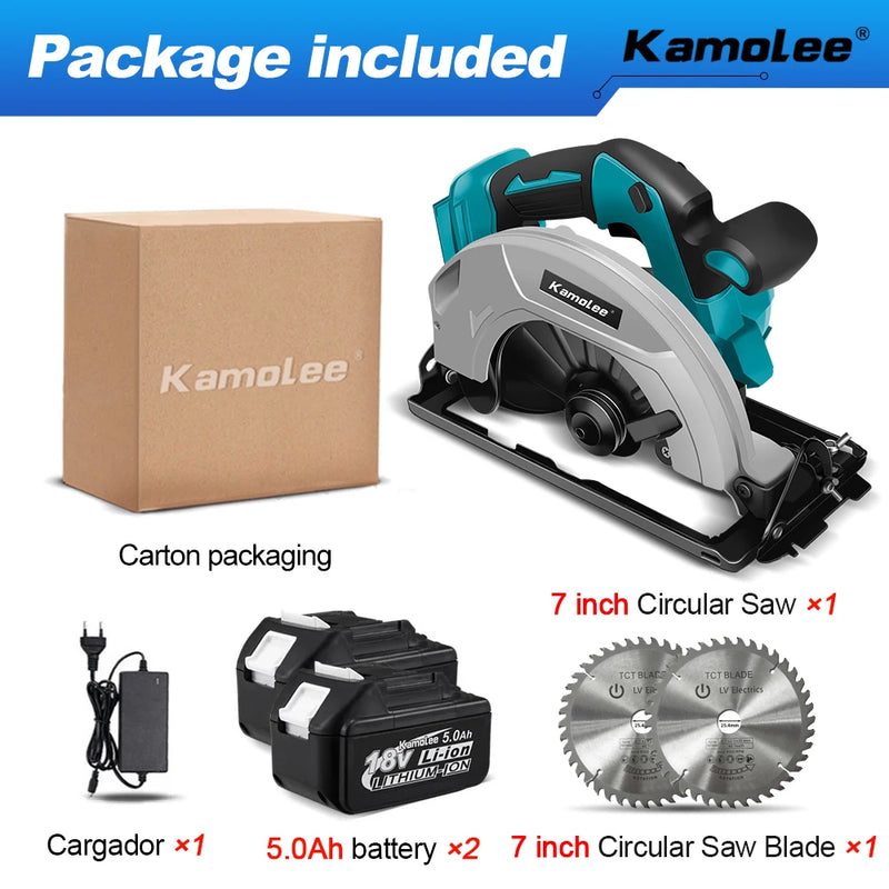 Kamolee Serra Circular Elétrica 7" – Potente, Portátil e Segura para DIY e Marcenaria | Compatível com Baterias 18V/21V