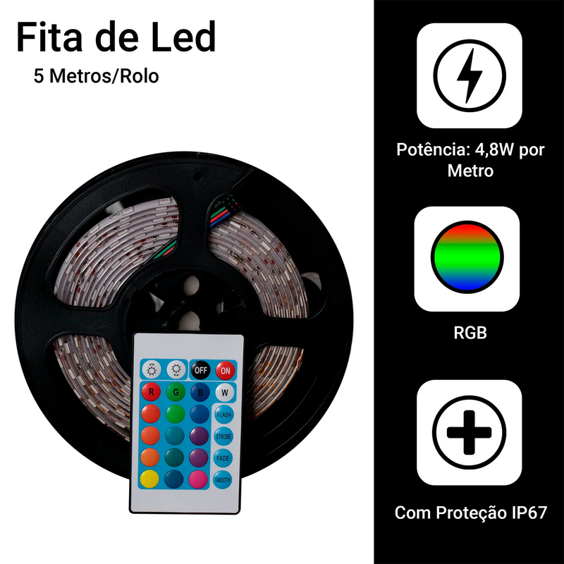 Fita LED RGB 5050 5m IP65 + Controle Remoto + Fonte 12V Bivolt – Iluminação Colorida e Flexível